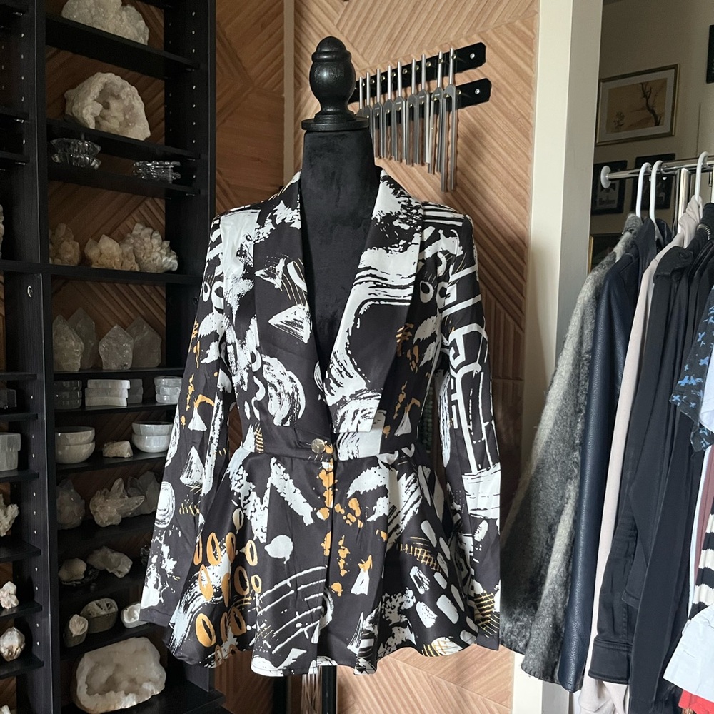 Black gold white graphic print polyester peplum blazer from SHEIN NWT size small